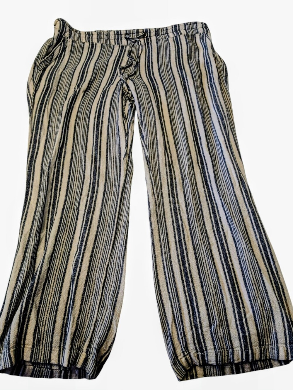 Per Se Striped Drawstring Linen Viscose Pants - White & Blue Sz. L